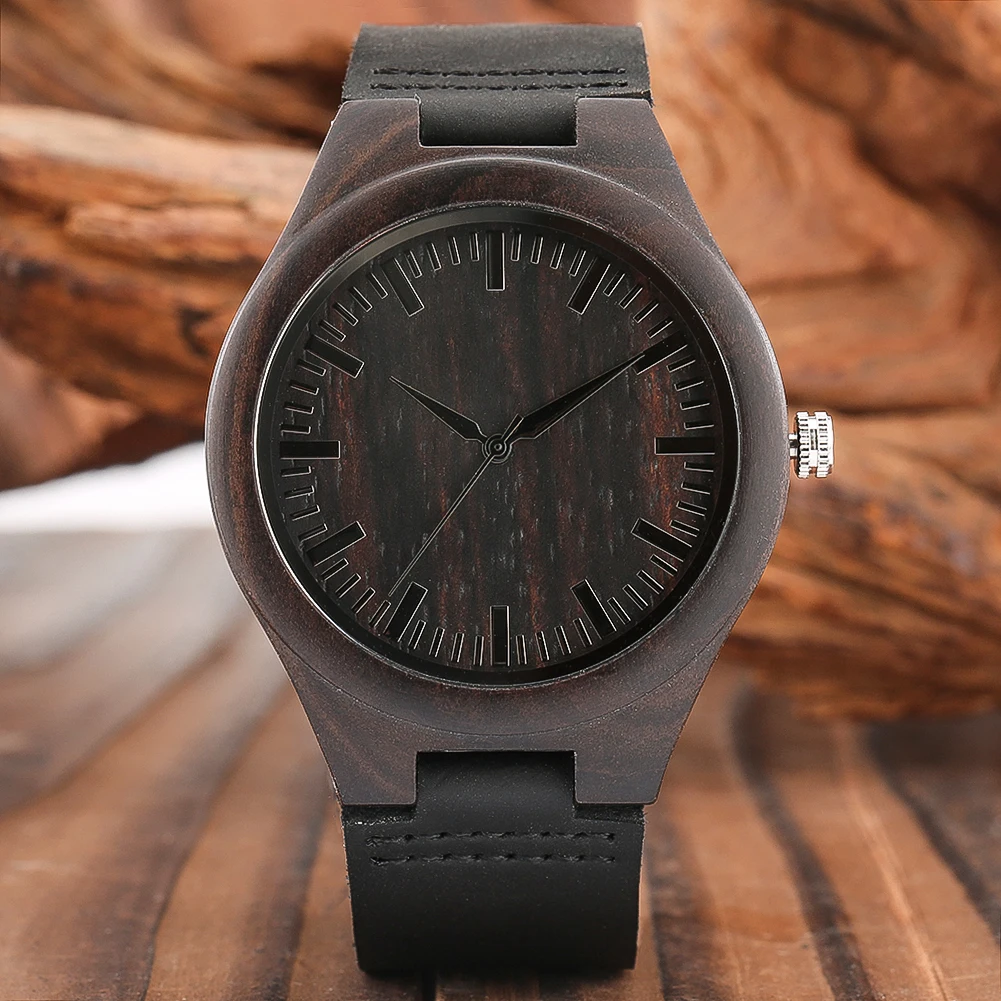 Classic Ebony Wood Quartz Men Watch Minimalist Scale Round Dial Black Genuine Leather Casual Men\'s Watches Fashion reloj