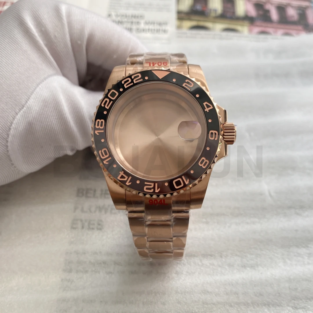 

Rose gold 40mm Gmt case with watch strap, sapphire glass for nh35 nh36 Miyota 8215 movement dial modification watch set