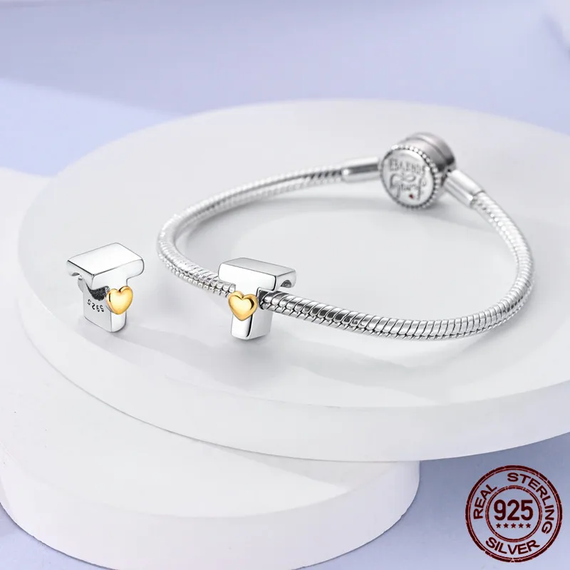 This S925 sterling silver heart-shaped letter T charm paired with an original bracelet is a DIY jewelry gift perfect for women