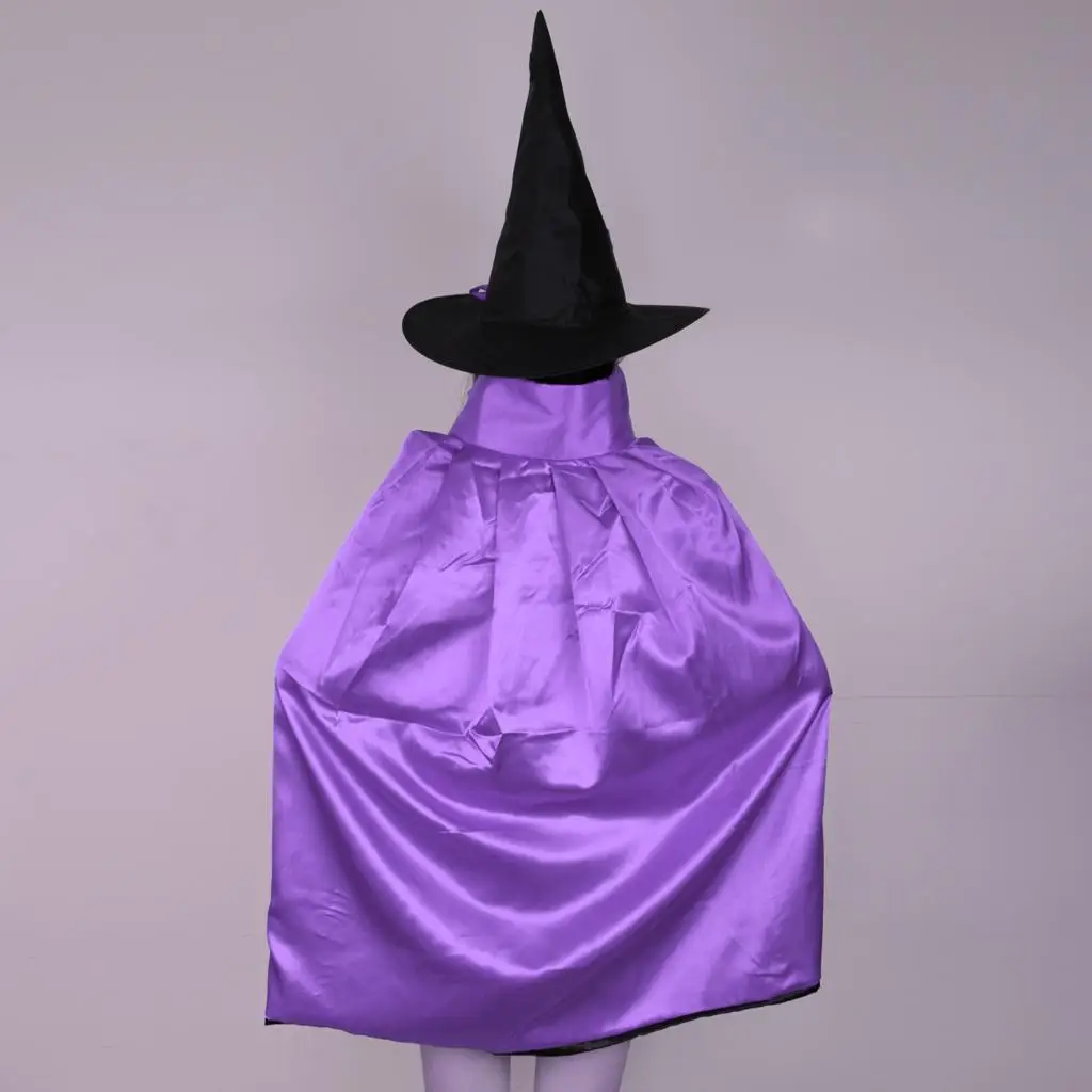 Halloween Cape Robe Wizard Witch Cloak Double Face Satin Outfit with Cone Hat for Party Role Play Adults Kids