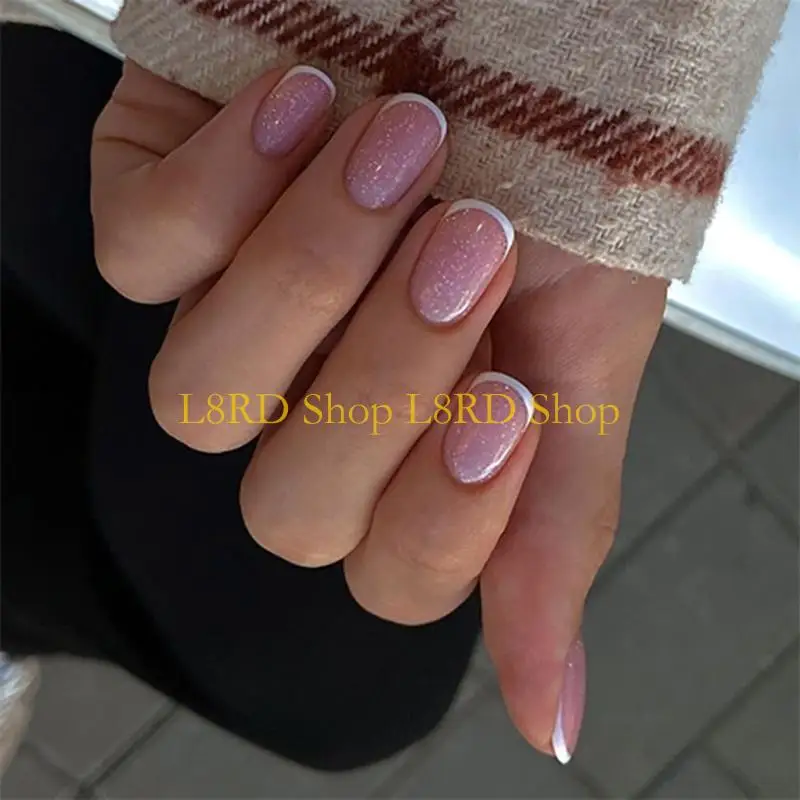 

L8RD 24x короткие круглые накладные ногти с французским кончиком, акриловые ногти, элегантный пресс на ногтях