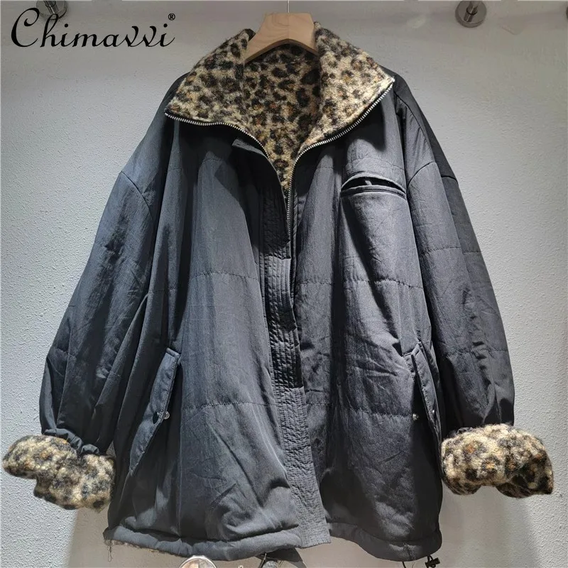 

Fashion Reversible Leopard Print Stand Collar Jacket Autumn Winter New Fashion Workwear Long Sleeve Streetwear Short Coat