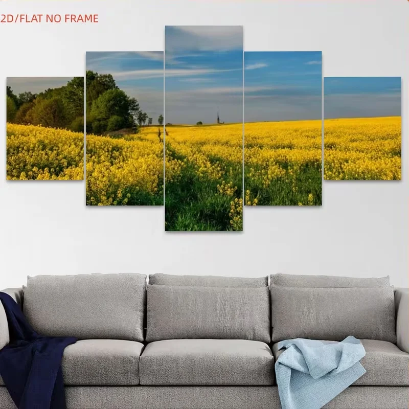 2D Flat, 2D Flat 5pcs Frameless Stunning Yellow Floral Theme Canvas Art Decoration, High-definition Poster Print Art, Suitable f