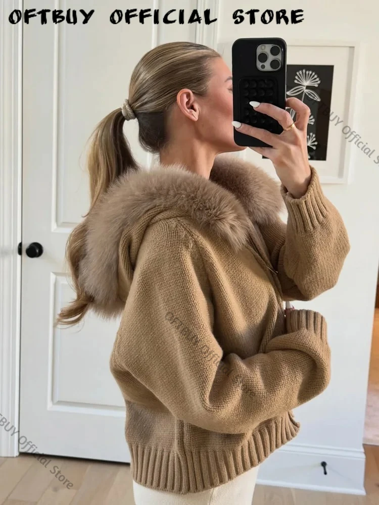 OFTBUY Cardigan for Women Soft Warm Winter Knit Cardigan Women's Winter Fur Coat Natural Fur Soft Knitwear for Daily Wear
