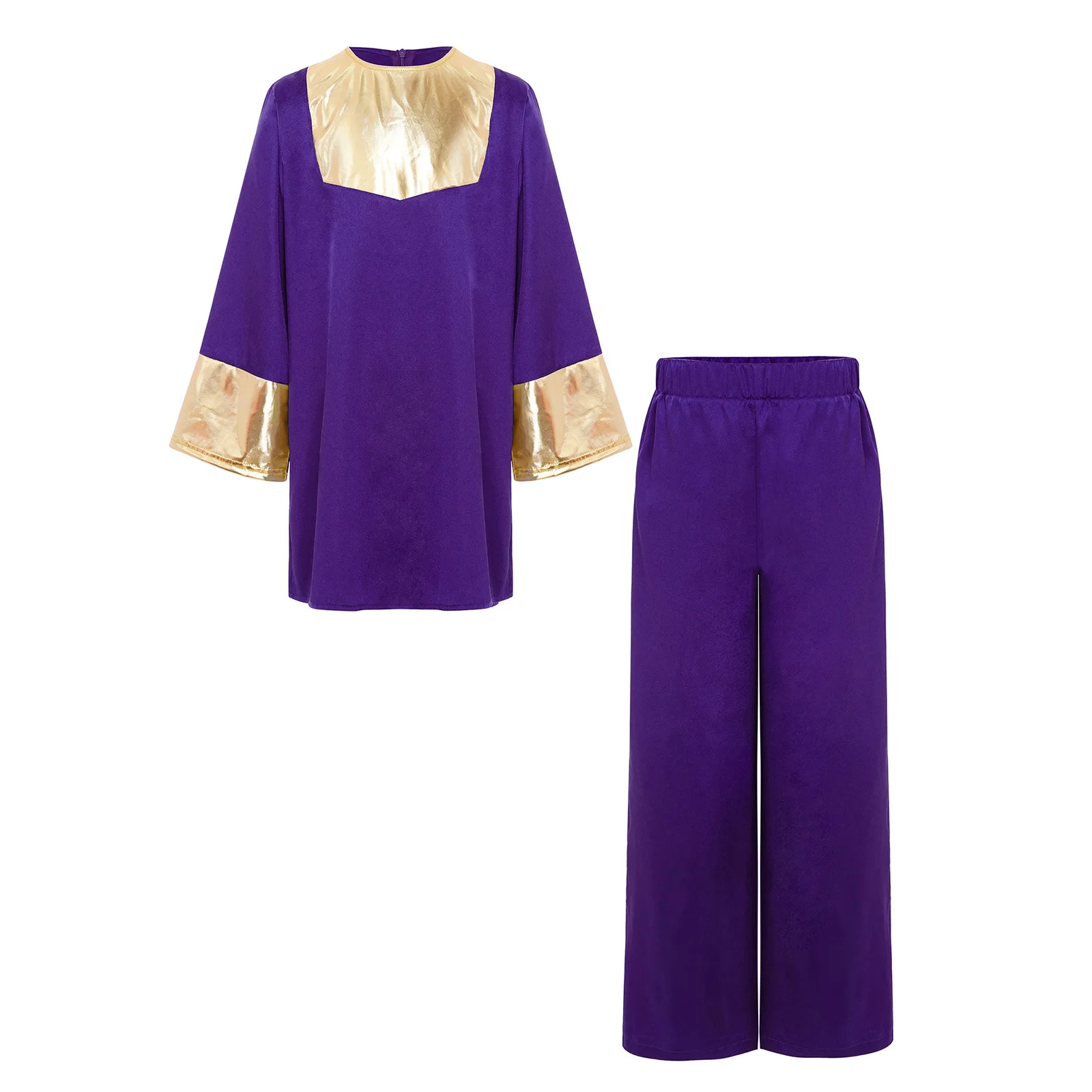 

Kids Boys Girls Liturgical Worship Praise Dance Costume Satin Long Sleeve Metallic Color Block Patchwork Robe+Pants Modern Dance