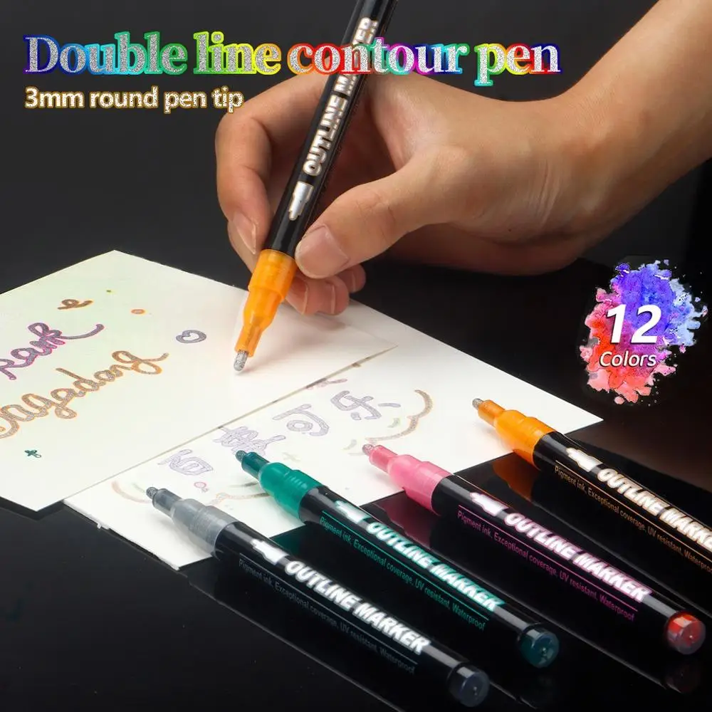 48-Color Double-Line Outline Metallic Highlighter Marker Pen, Diagonal Double-Line Pen, Magic Glitter Drawing Pen