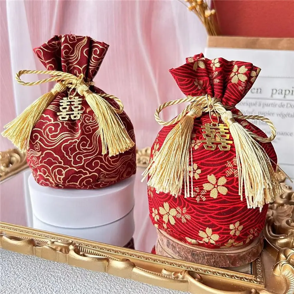 With Words Cny Orange Bag Fashion Spring Festival Chinese New Year Blessing Packing Cny Decoration Cotton Wedding Gift Bags