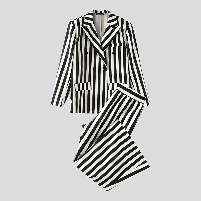 INCERUN Männer Sets Gestreiften Langarm Zweireiher Blazer & Flare Hosen Zwei Stücke Sets Streetwear Fashion Männer Casual Anzüge