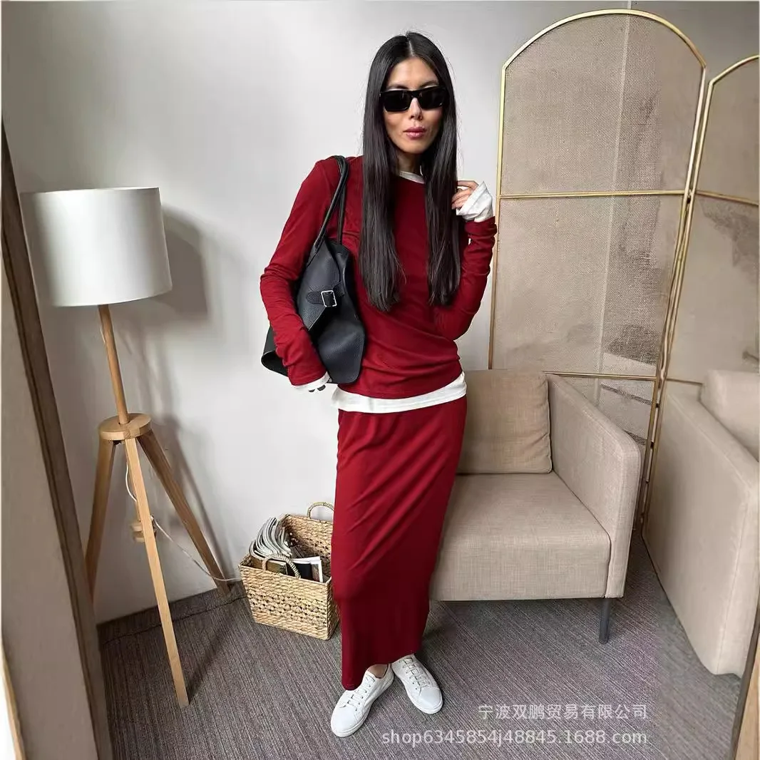 2026 Women Modal Soft Loose Two Piece Set, Long Sleeve Tee and High Waist Dress Tracksuit Outfit