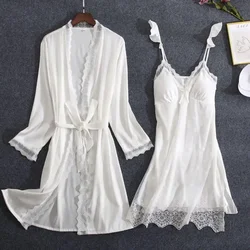 Witte Kanten Bruid Bruidsmeisje Bruidsjurk Set Vrouwen Zomer Nachtkleding Kimono Badjas Jurk Losse Casual Slaappak Sexy Huisjurk