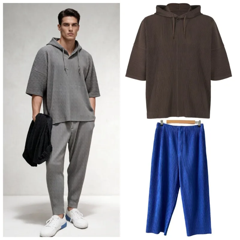 

Miyake Pleated Pants Set Men Plisse 2026 Spring/Summer New Short Sleeve Hooded Jacket+Slim Fit Straight Pants Versatile Casual