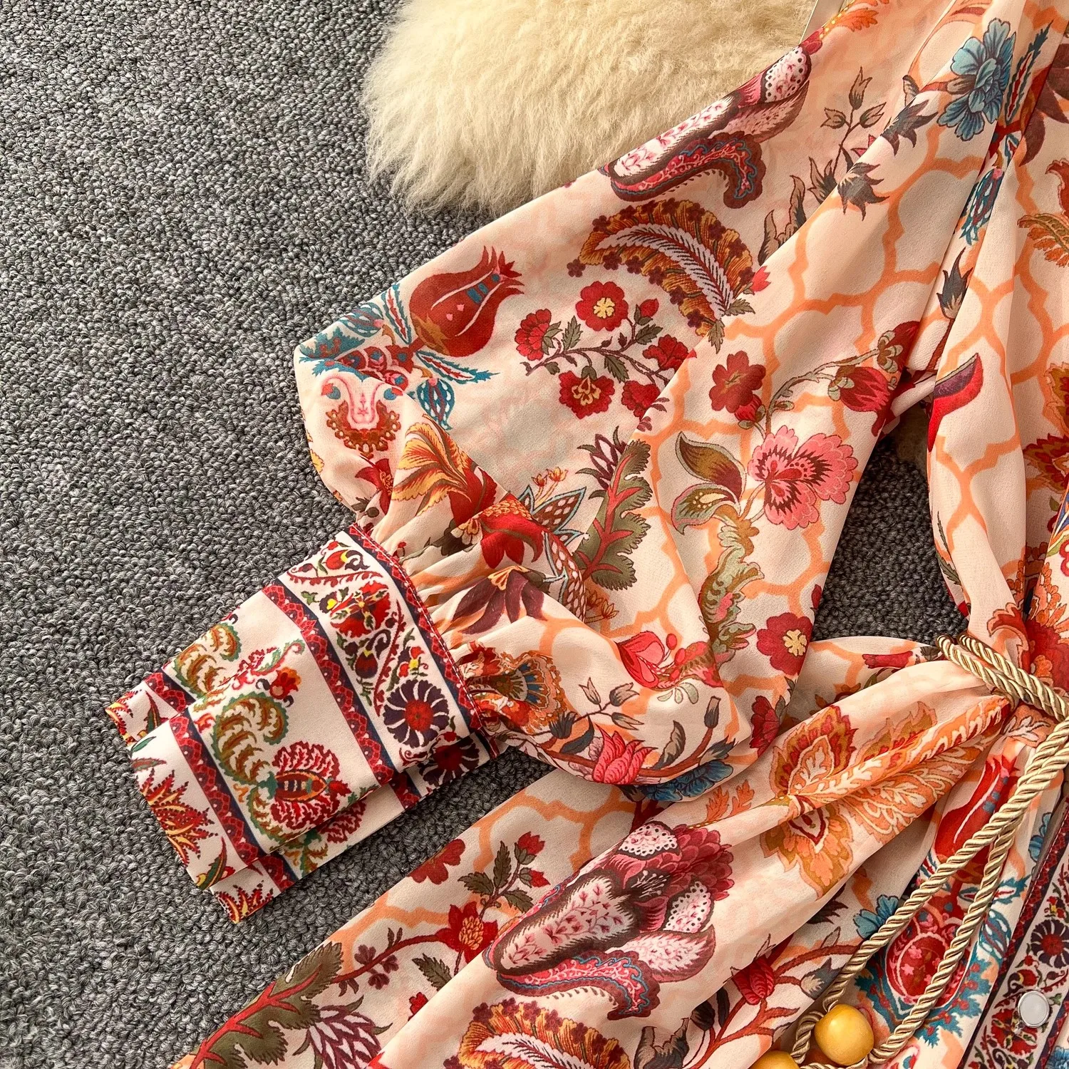 Holiday Gorgeous Flower Chiffon Maxi Dresses Women's Stand Long Lantern Sleeve Lace Up Belt Floral Print Loose Robe Vestidos