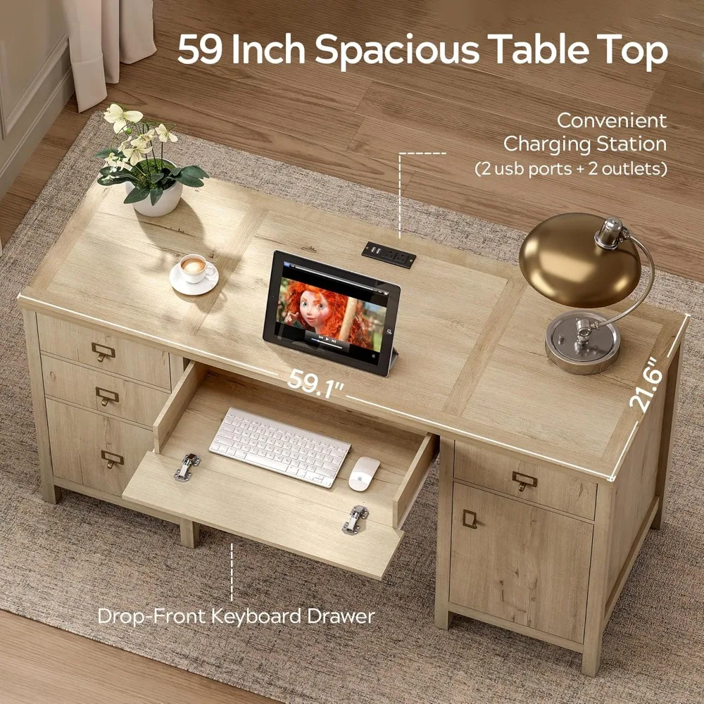 مكتب تنفيذي حديث مع خزانة أدراج الملفات، مكتب كمبيوتر مقاس 59 بوصة مع محطة شحن، محطة عمل مكتبية مع صينية لوحة مفاتيح