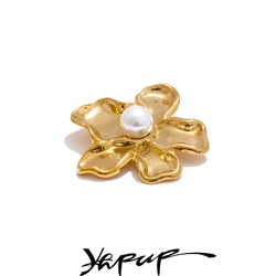 Yhpup Stainless Steel Pearls Metal Flower Brooches Pin Waterproof Costume Accessories Trending Jewelry Color Preservation Longer