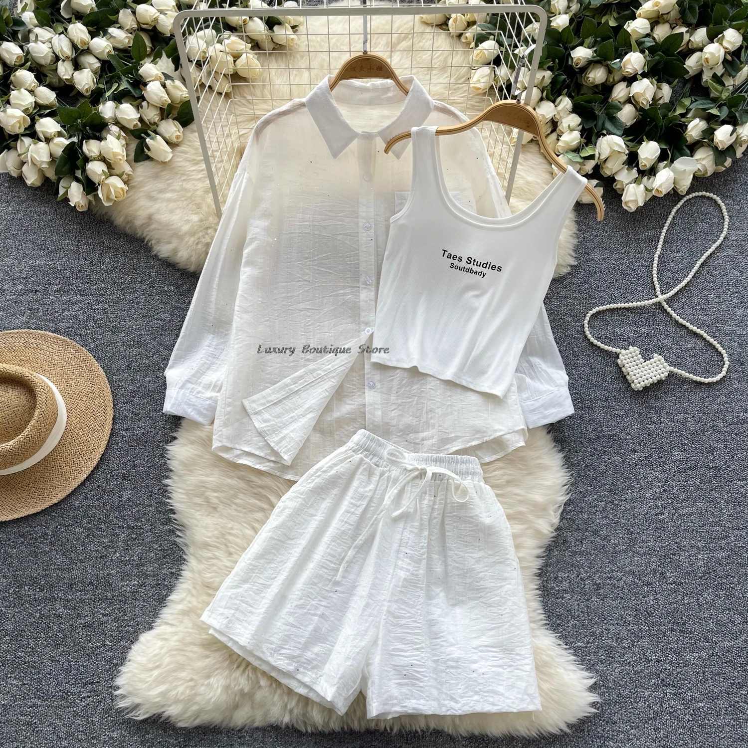 Dunne Shirts Met Lange Mouwen + Witte Tanktop + Korte Broek Zomer Driedelige Set 2024 Nieuwe Solide Casual Chique Damesoutfits