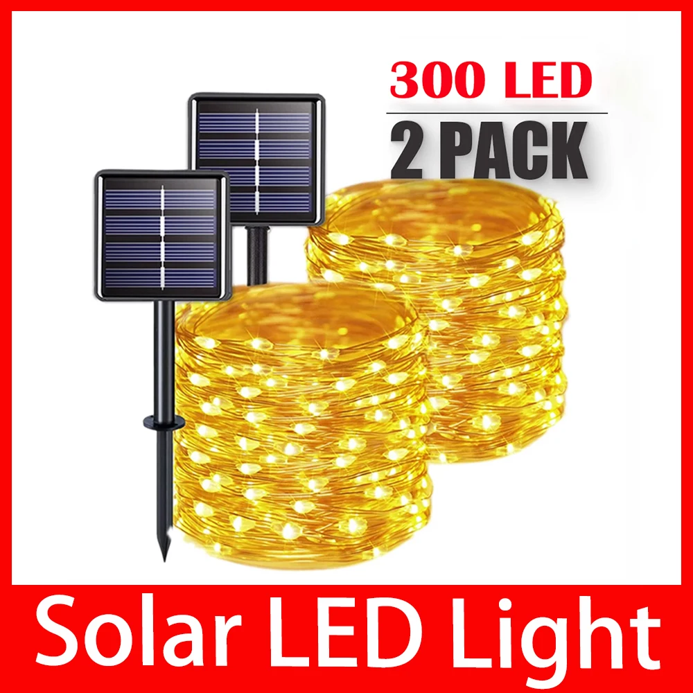 Guirnalda de luces LED solares para exteriores, guirnalda impermeable para decoración de fiestas navideñas, 7m, 12m, 22m, 32m