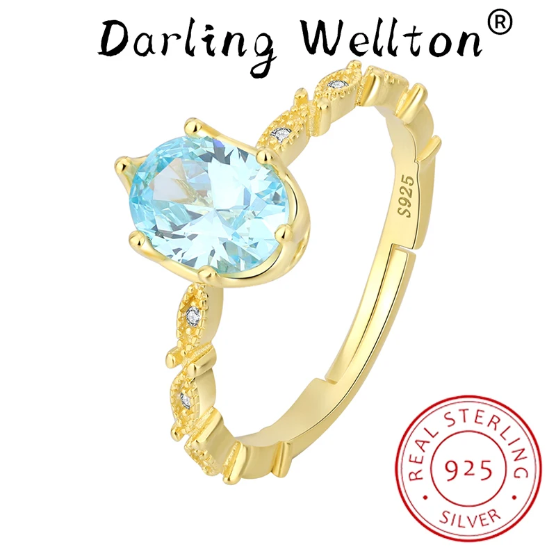 

2024 NEW Fashion 14k Gold Six Claw Oval Aquamarine Couple Ring For Women 100% Original Sterling Silver Valentine Gift Jewelry