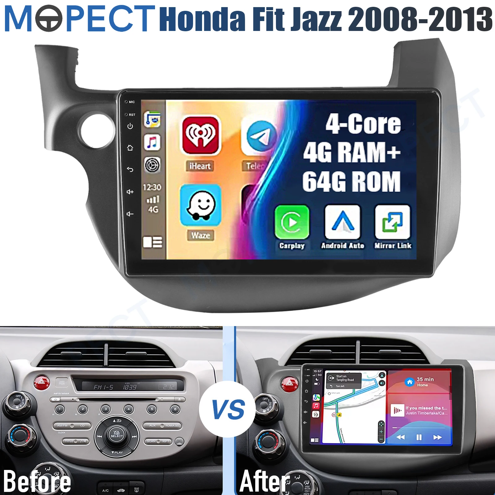 MOPECT 10 inch autoradio 4+64GB voor Honda Fit Jazz 2008-2013 Android 15 CarPlay AM/FM GPS Navigatie BT Touchscreen+DAB&DVR&Camera