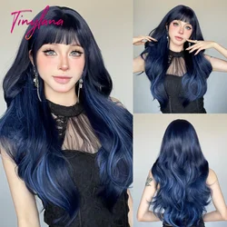 Long Black Blue Wavy Synthetic Wigs with Bangs for Women Natural Cosplay Blue Dark Colorful Wigs Daily Party Hair Heat Resistant