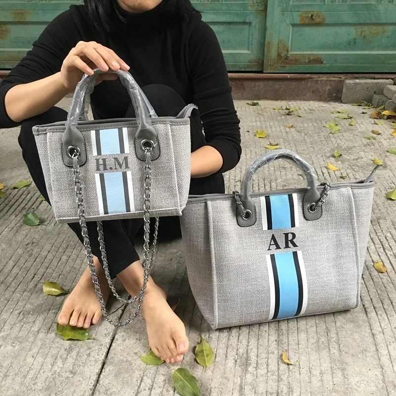 Personalize large medium mini monogramm striped bridal canvas handbags shopping shoulder jute bags beach totes christmas gift
