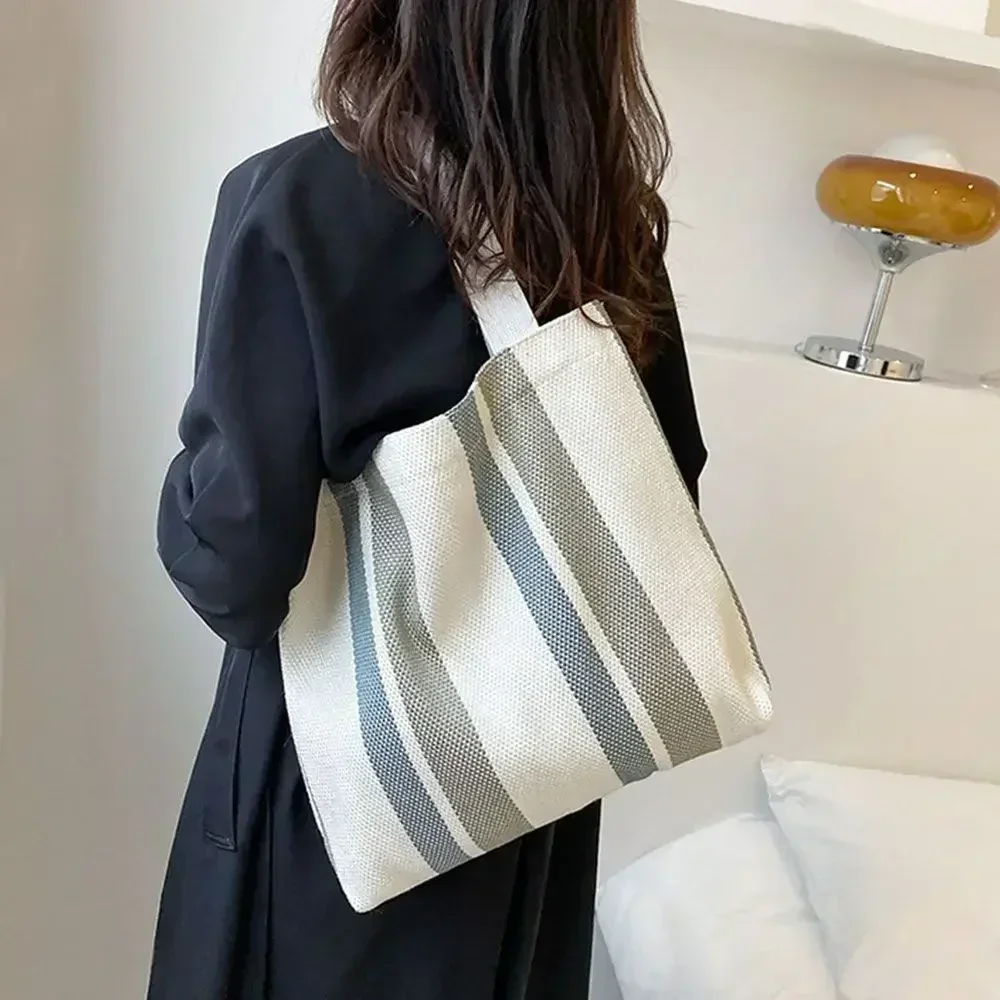 STN2 Simple Retro Handbag Small Fresh Striped Canvas Bags for Women