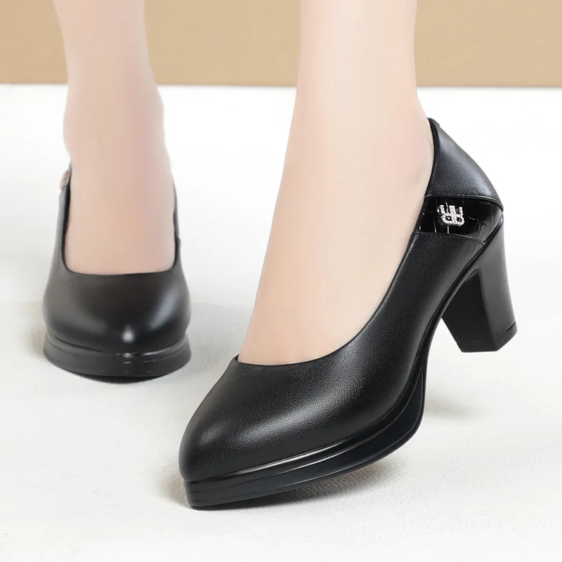 ZXRYXGS Elegant Comfortable Genuine Leather Black Shoes Woman New High Heels 2023 Large Size Fashion Workplace Work Shoes Pumps