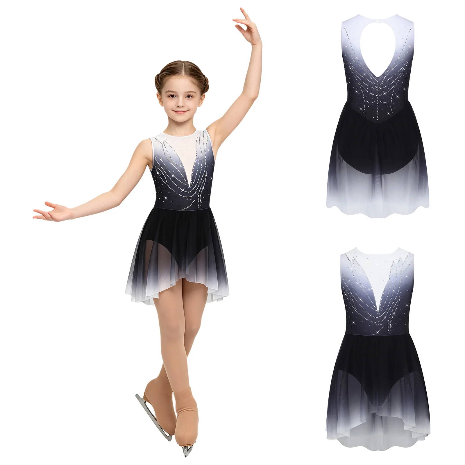 Kids Girls Figure Skating Dance Dress Sleeveless Rhinestones Mesh Leotard Tutu Ballet Rhythmic Gymnastics Acrobatics Dancewear