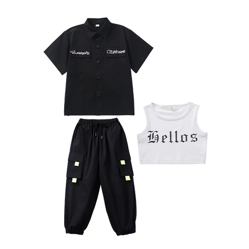 Kid Hip Hop Kleidung Schwarz Buchstaben Kurzarm Shirt Casual Street Cargo Jogger Hosen für Mädchen Junge Jazz Dance Kostüm Kleidung