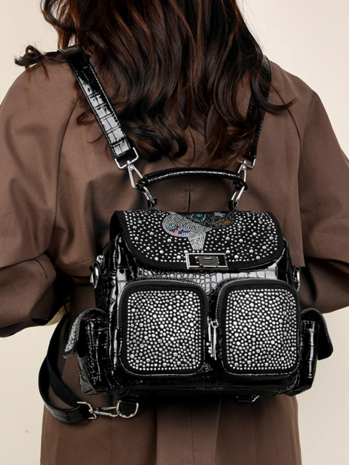 Diamond Embedded Women's Bapa Cool oulder Bag Large Capaci Casual Bag Briti Sle Polyester  Zipper Closure