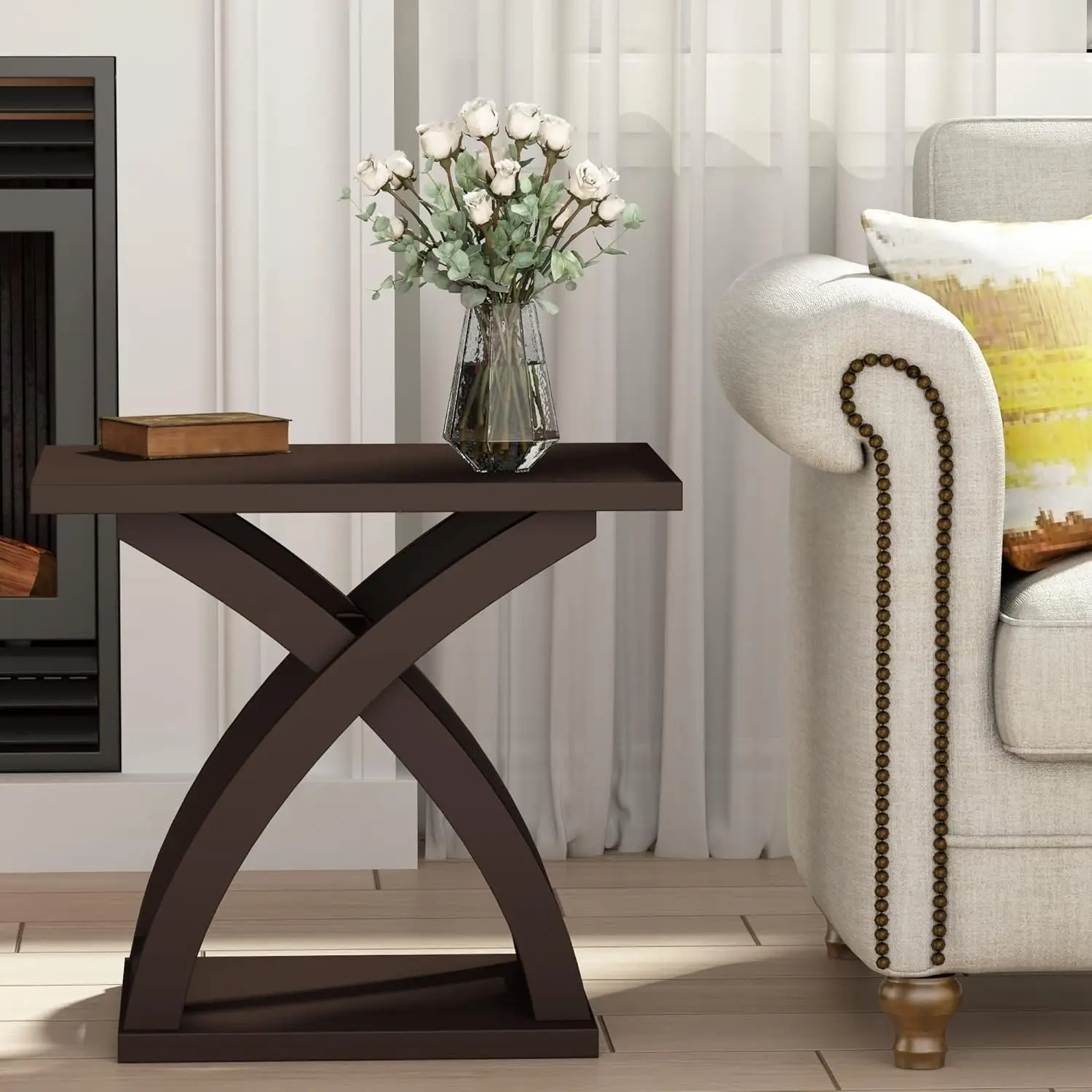 End Side Table Set Of 2, Modern End Table With Storage Shelf, X-Design Side Table Living Room (Espresso)