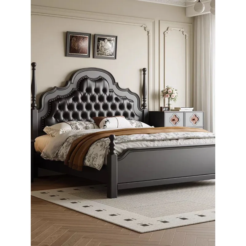 

Американский средневековый черный 1,5, 1,8 метра, массив дерева, 2 метра, двойная мягкая сумка в стиле ретро, европейская кровать для хранения в главной спальне