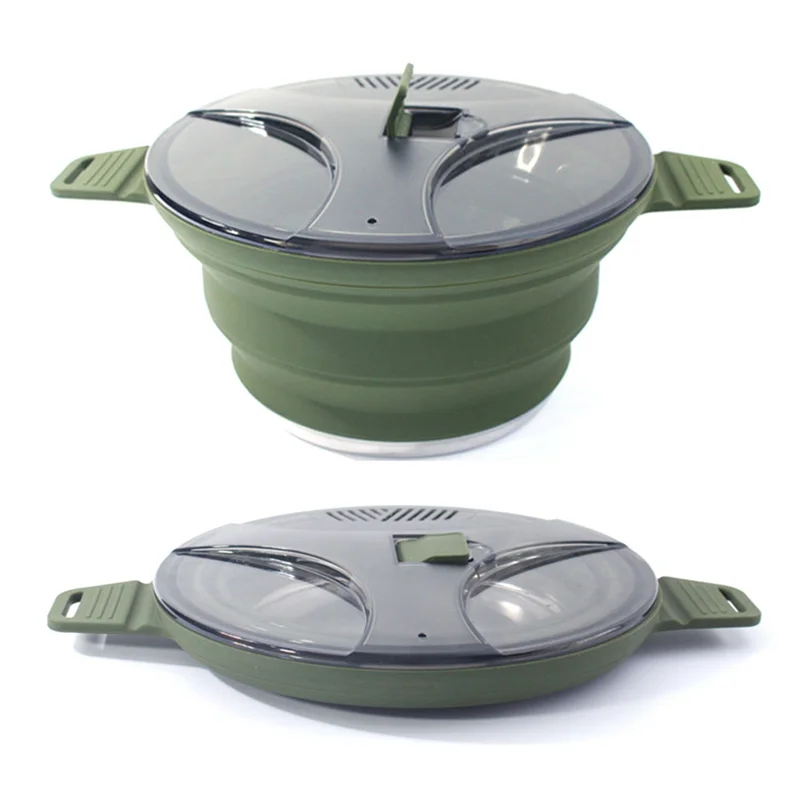 Silicone Folding Camping Kettle Pan Pot Portable Collapsible Heat Resistant Cookware Pot for Outdoor Hiking Dark Green