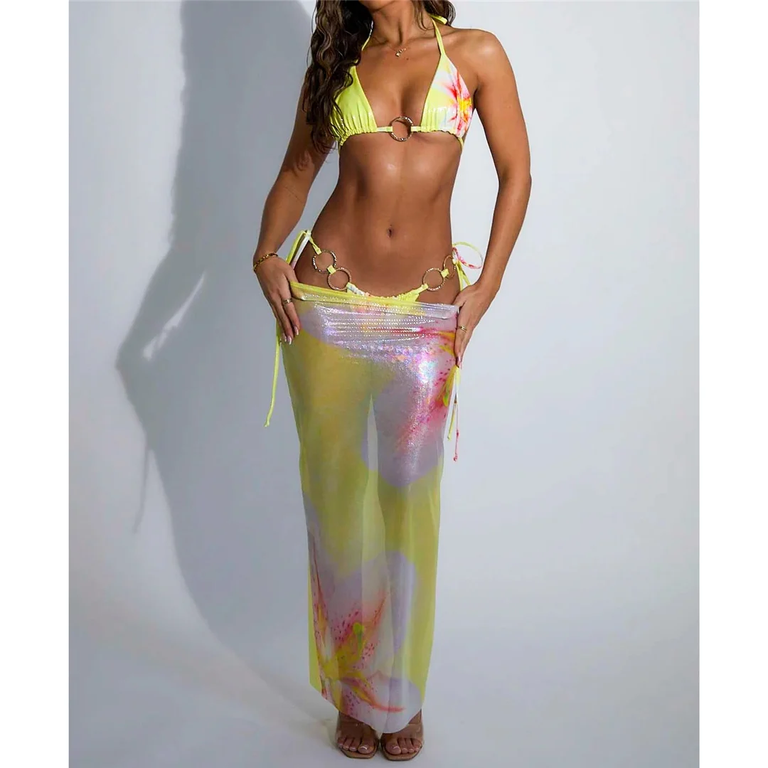 Blumenmuster mit Rock, Neckholder-Bikini, Damen-Badebekleidung, dreiteiliges Bikini-Set, Badeanzug, Badebekleidung, Schwimmbekleidung V6850 – Detail 11