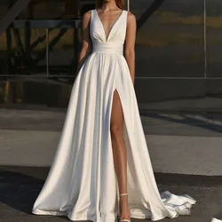 Customized Elegant Satin Slit Wedding Dress 2024 Sim Waist A-Line Prom Dresses Side Deep V-neck Women Robe De Mariee With Pocket