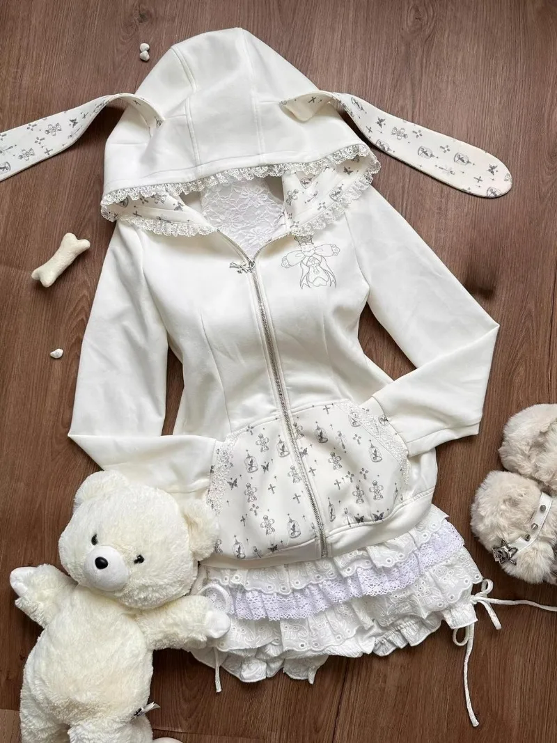 

Осенняя милая милая девушка с принтом, кружевная лоскутная толстовка с кроличьими ушками на молнии + пышная юбка с завязками, комплекты из двух предметов, женские наряды