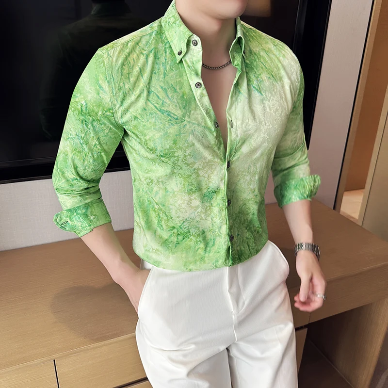 men's Shirt Tie-dyed Color Trendy Streetwear Blouse Long Sleeve Korean Style Slim Fit Ironing-free Shirt Mens Designer Clothes