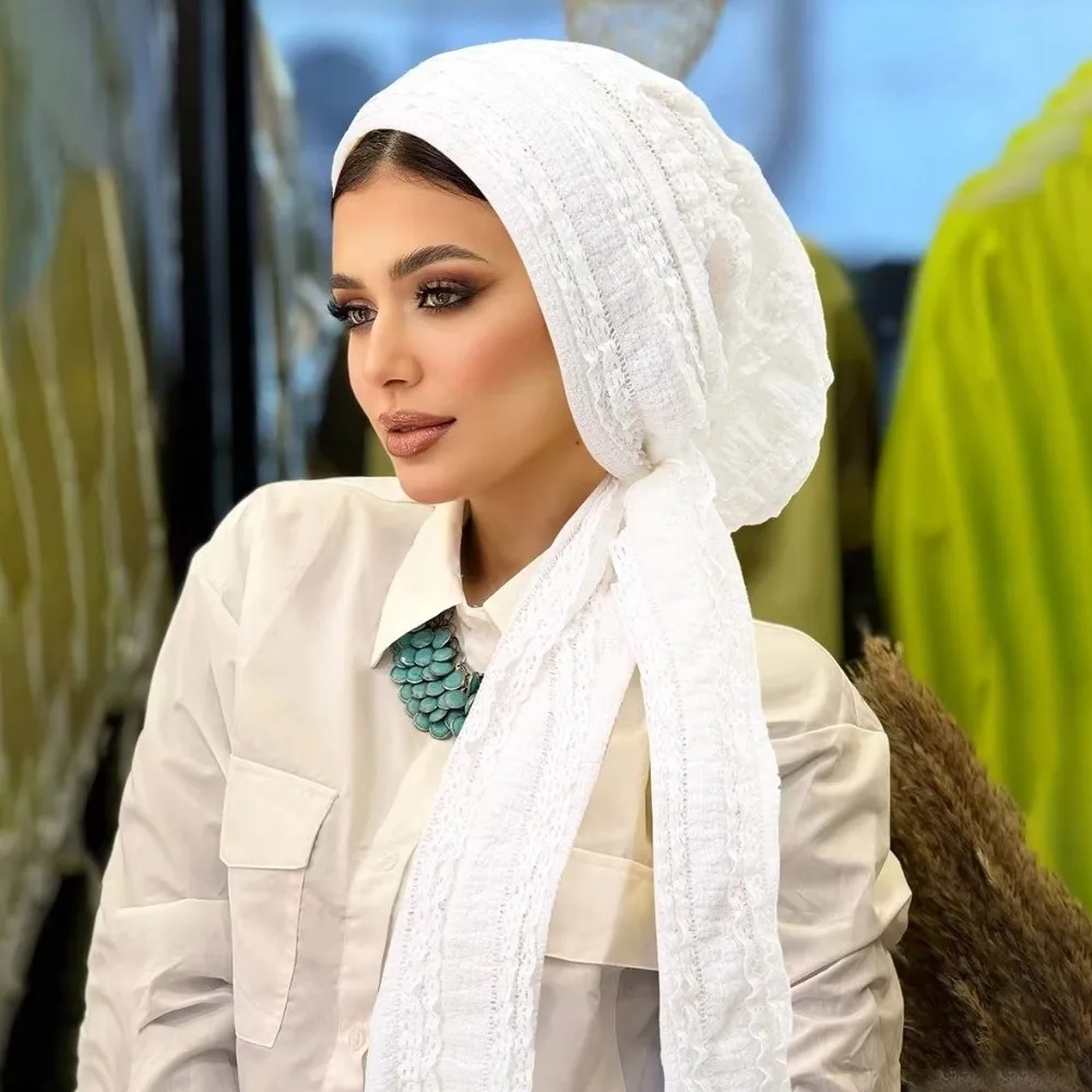 Adjustable Women Turban Hats Polyester Long Tail Tie Solid Color Crinkle Hijabs Pleated Soft Stretch Wrinkle Headscarf