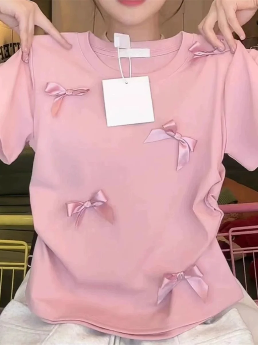 

Розовая футболка с бантом на талии, летняя облегающая футболка с короткими рукавами, женская модная элегантная футболка в милом стиле, корейская версия