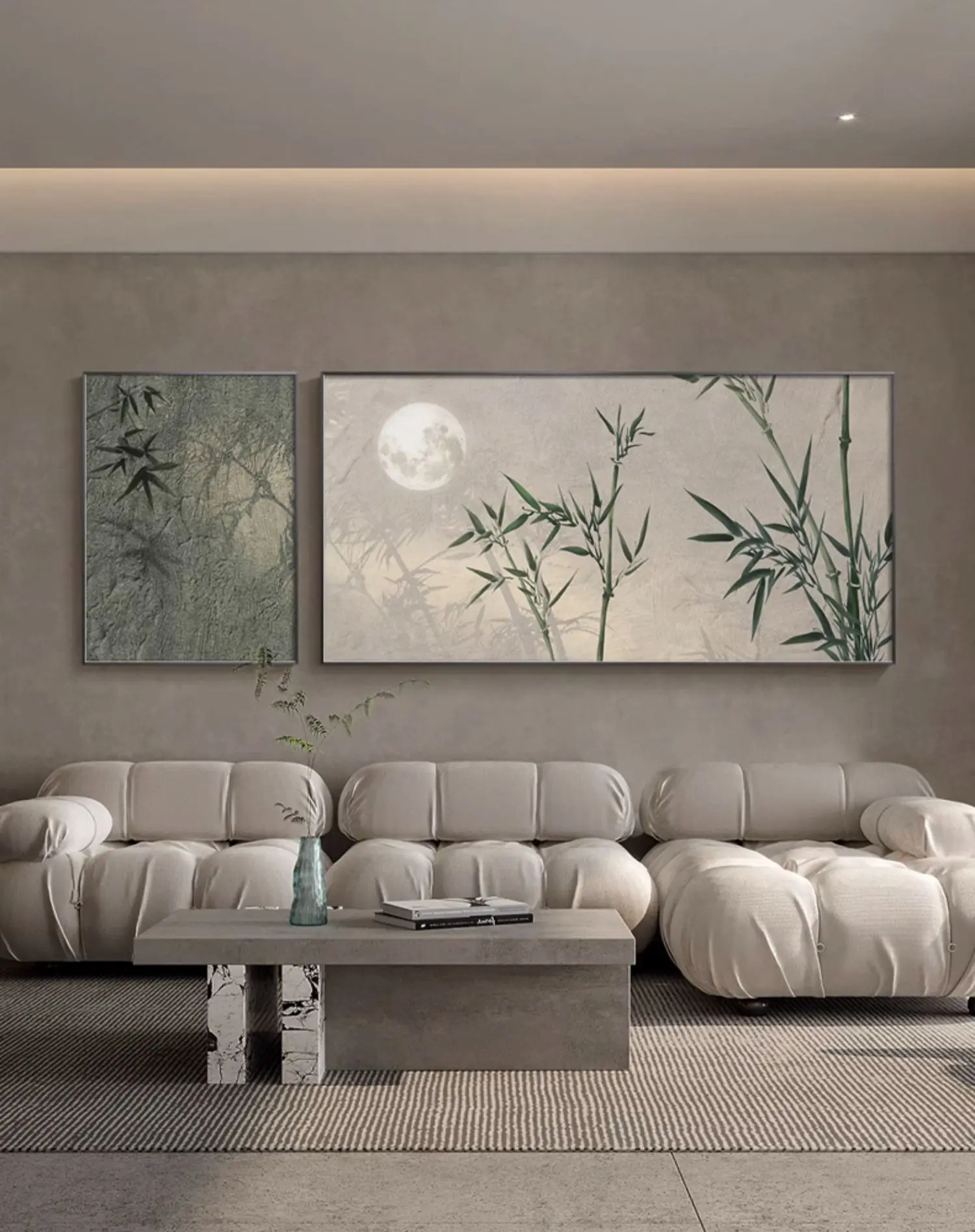 

New Chinese-style living room decorative painting Zen sofa background wall mural bamboo peace tea room arrangement