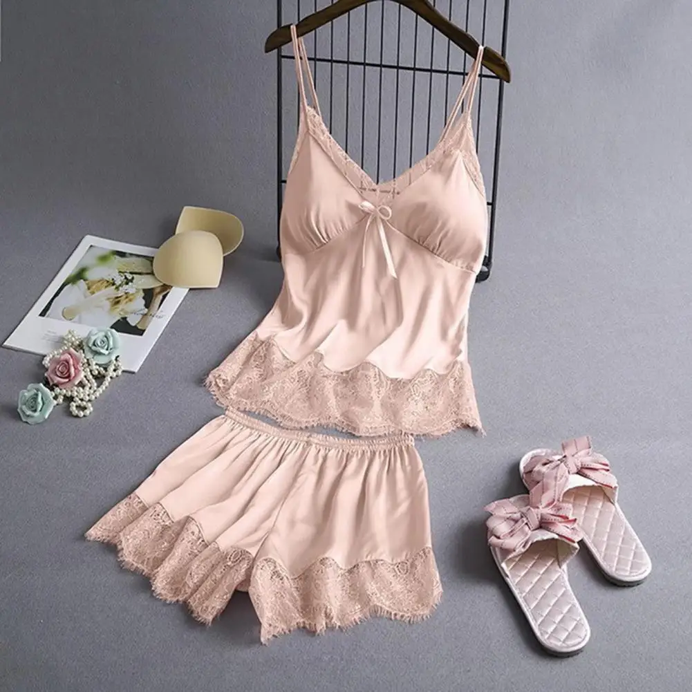 

Women Sleepwear Set Women's Satin Pajamas Set with Lace Cami Top Built-in Bra Sleepwear Sexy Two-piece Lounge Shorts Nightwear
