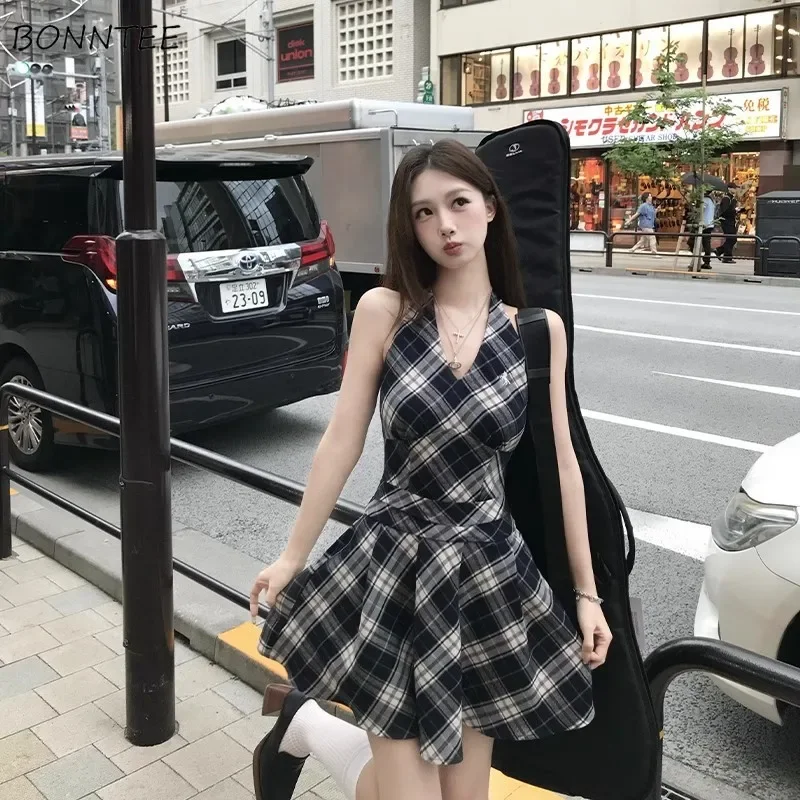 V-neck Plaid Mini Dress Women Vintage Streetwear Summer A-line Pleated Vestidos New Design Flattering Waist Harajuku Fashion