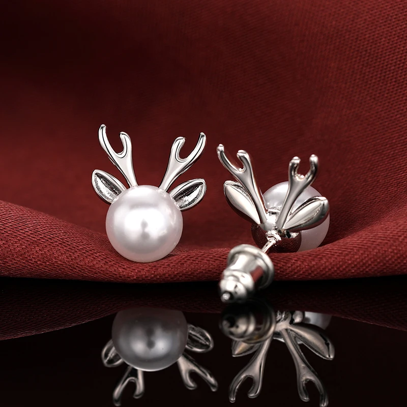 Huitan Graceful Simulated Pearl Stud Earrings Lady Delicate Silver Color Elk Antlers Jewelry Elegant Christmas Accessories Gift