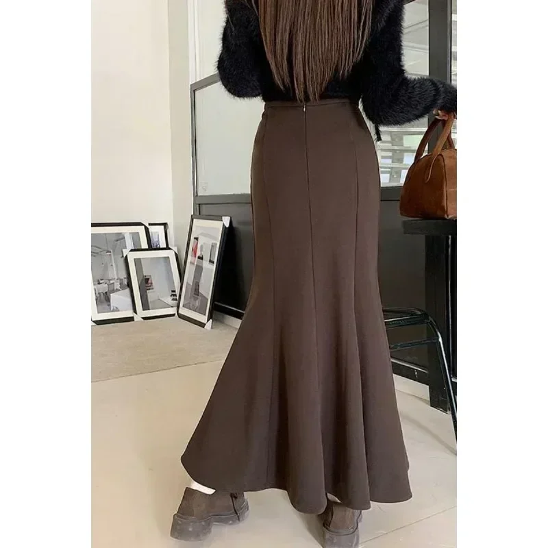 New Woolen Fishtail Long Skirts Elastic Waistband Slimming Hip Skirt Korean Style Design Sense Trumpet Skirts for Women Outwear