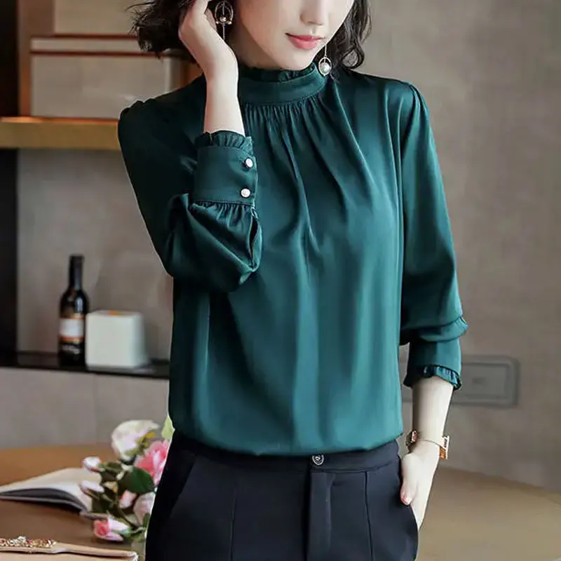 Korean Stand Collar Folds Beading Solid Color Chiffon Shirt Oversized Ruffles Temperament Office Lady Long Sleeve Blouse Women