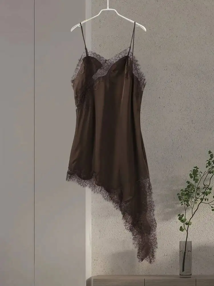 Sexy Sling Satijnen Jurk Vrouwen V-hals Backless Patchwork Kant Vestidos Vrouwelijke 2025 Zomer Chic Mode Avond Jurken