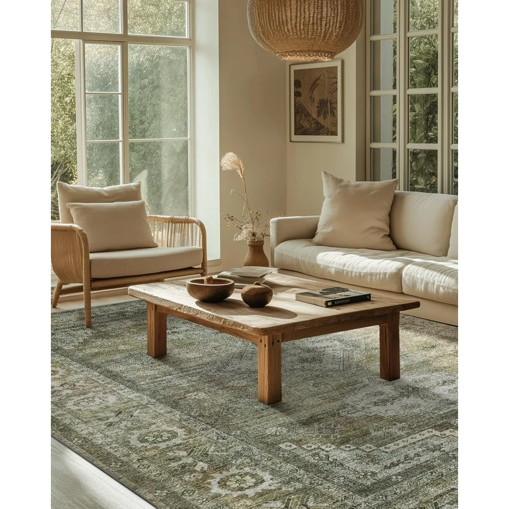 Washable Rug 8x10 Area Rugs for Living Room Bedroom, Area Rugs Neutral Rug, Low Pile Thin Mat with Non Slip Backing, Carpet