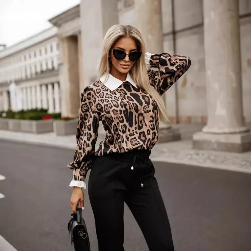 Autumn Winter Vintage Leopard Stylish Letter Printed Blouse Chic Splicing Polo-Neck Women\'s Clothing Button Slim All-match Shirt