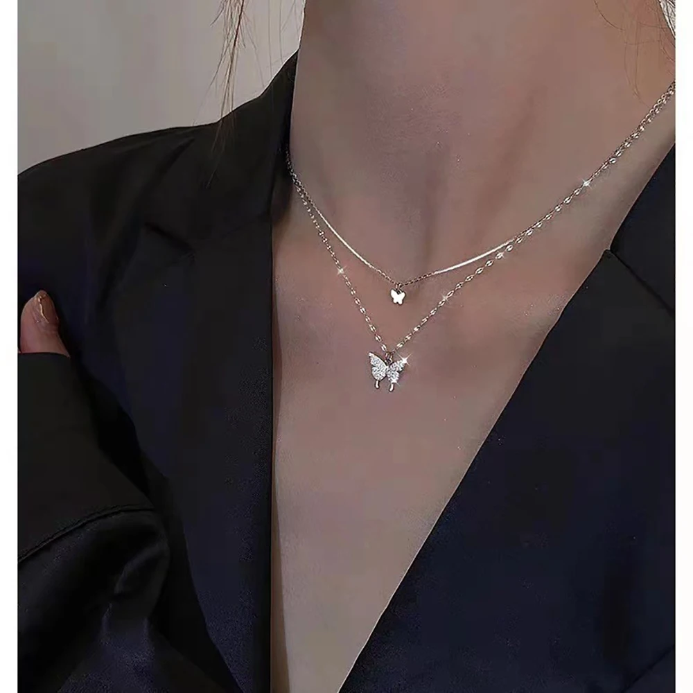 

New Shiny Butterfly Necklace Ladies Exquisite Double Layer Clavicle Chain Necklace Jewelry for Ladies Gift
