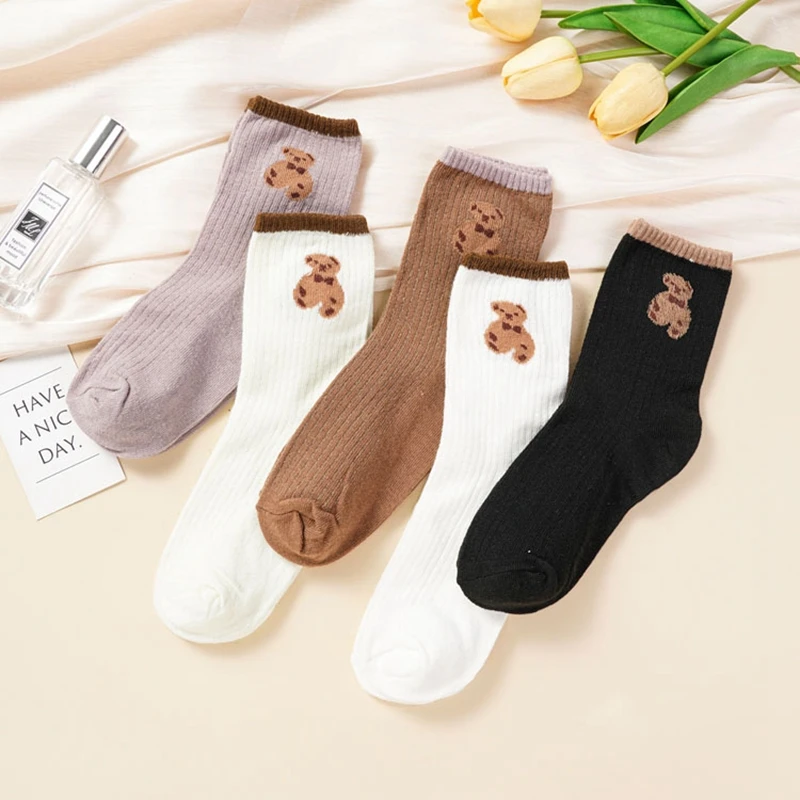 Cartoon Little Bear Knit Socks Fashion New Maillard Color Series Children Autumn And Winter Solid Color Casual Middle Tube Socks