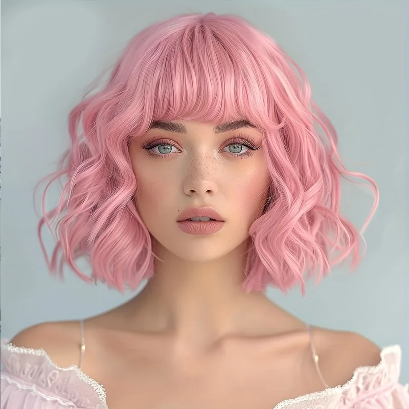 Pink bob wig with bangs for women, pastel short bob with water wave pattern
